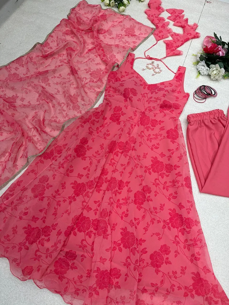 Elegant Dark Pink Digital Printed Georgette Silk Anarkali Suit Set