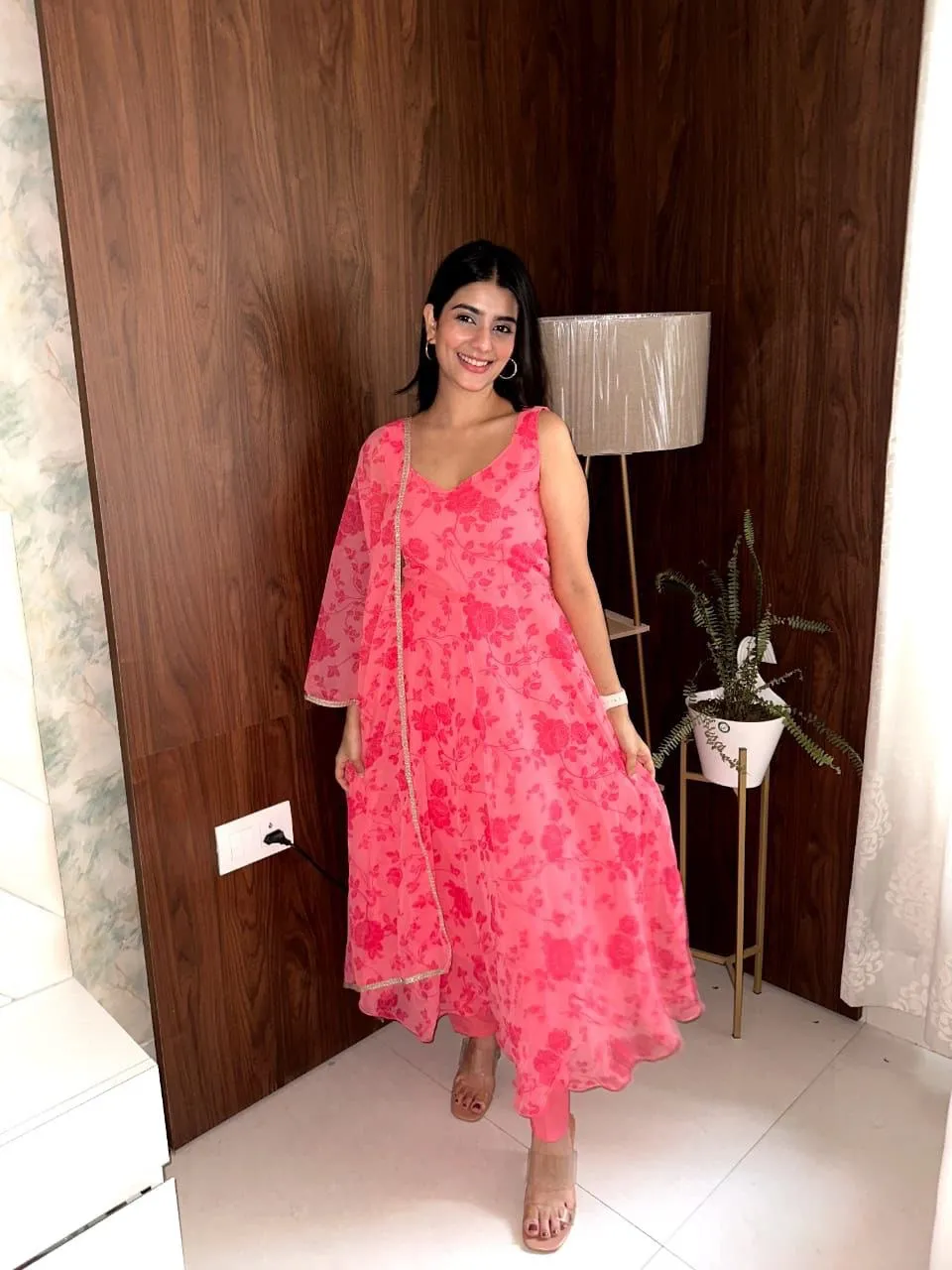 Elegant Dark Pink Digital Printed Georgette Silk Anarkali Suit Set
