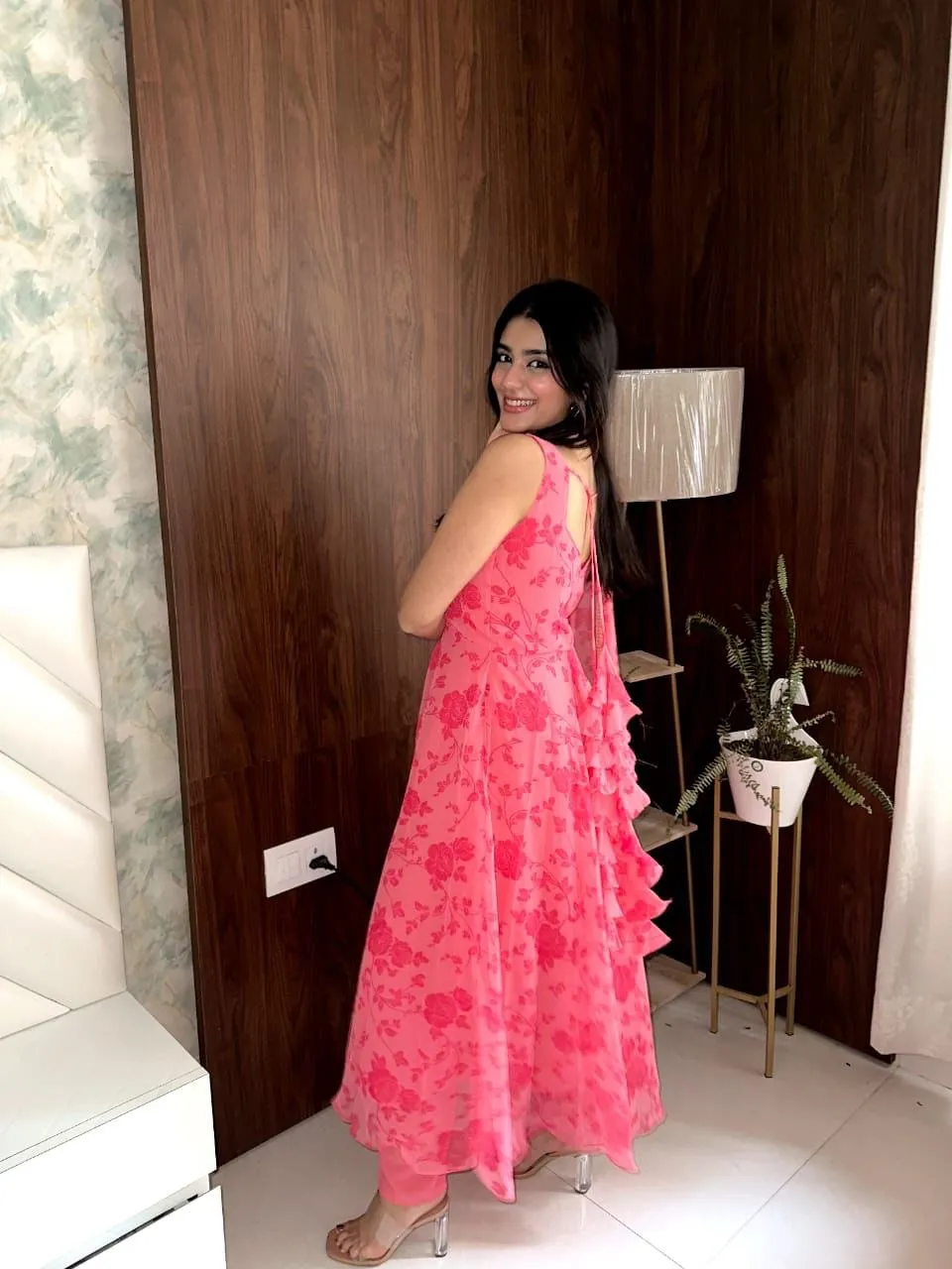 Elegant Dark Pink Digital Printed Georgette Silk Anarkali Suit Set
