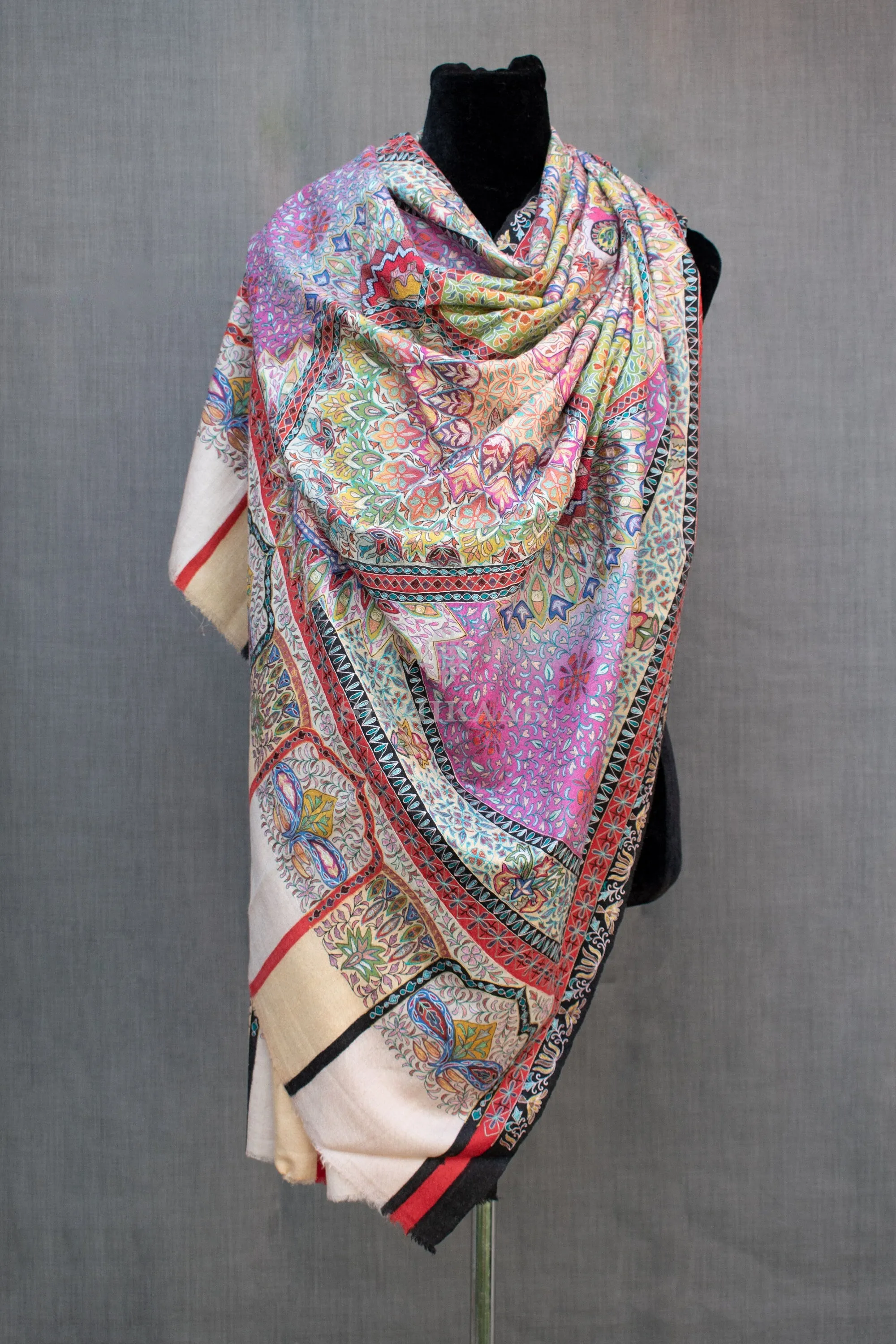 Exquisite Kalamkari Pashmina/Cashmere Shawl, Hand Painted, Hand Hook Embroidery, Hand Woven, Pure Silk Embroidery Thread