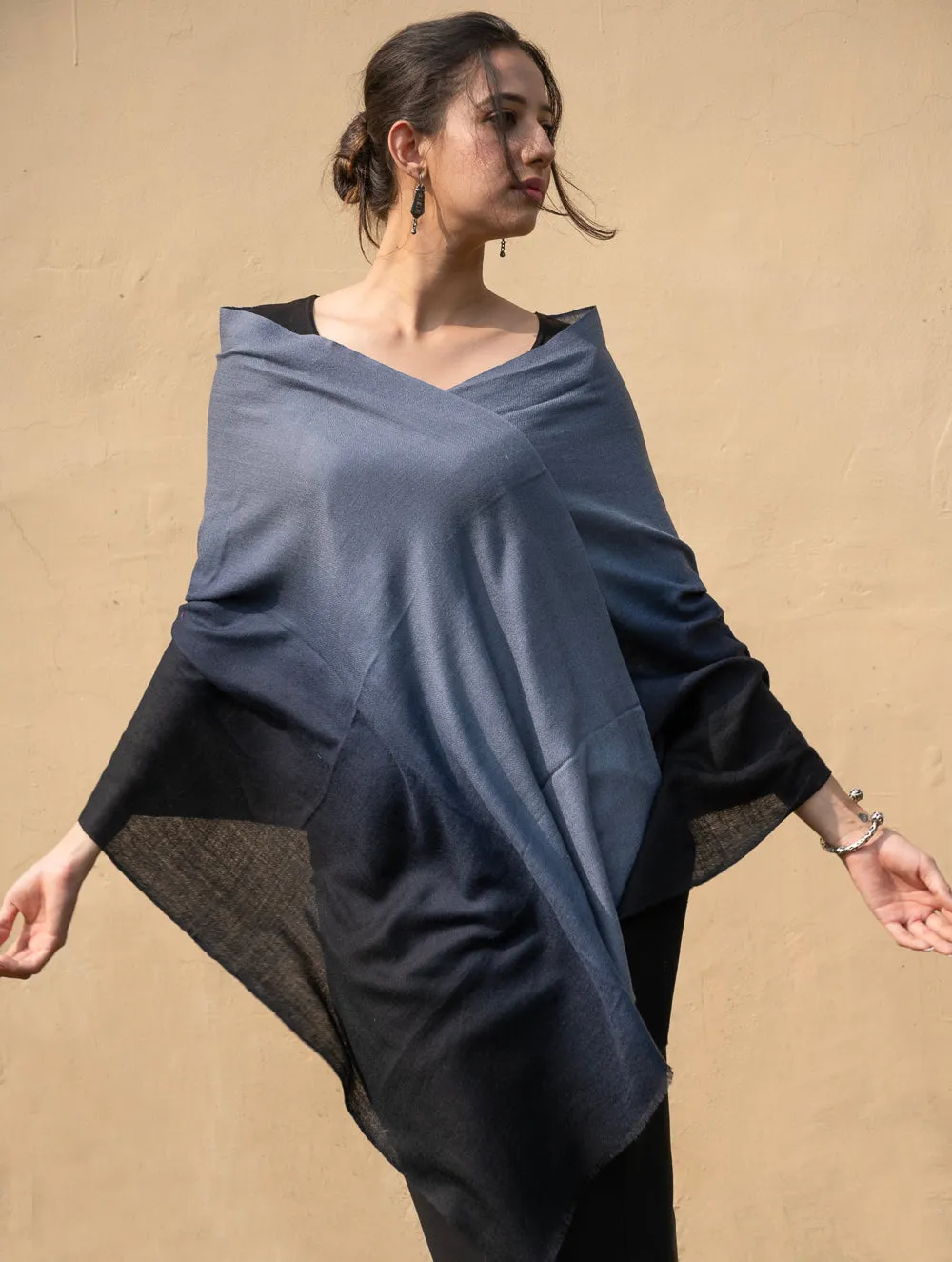 Fine, Soft Kashmiri Ombre Wool Stole - Shaded Grey Black