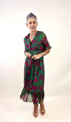 Frilled Crossover Neckline Dress - Green/Pink Floral