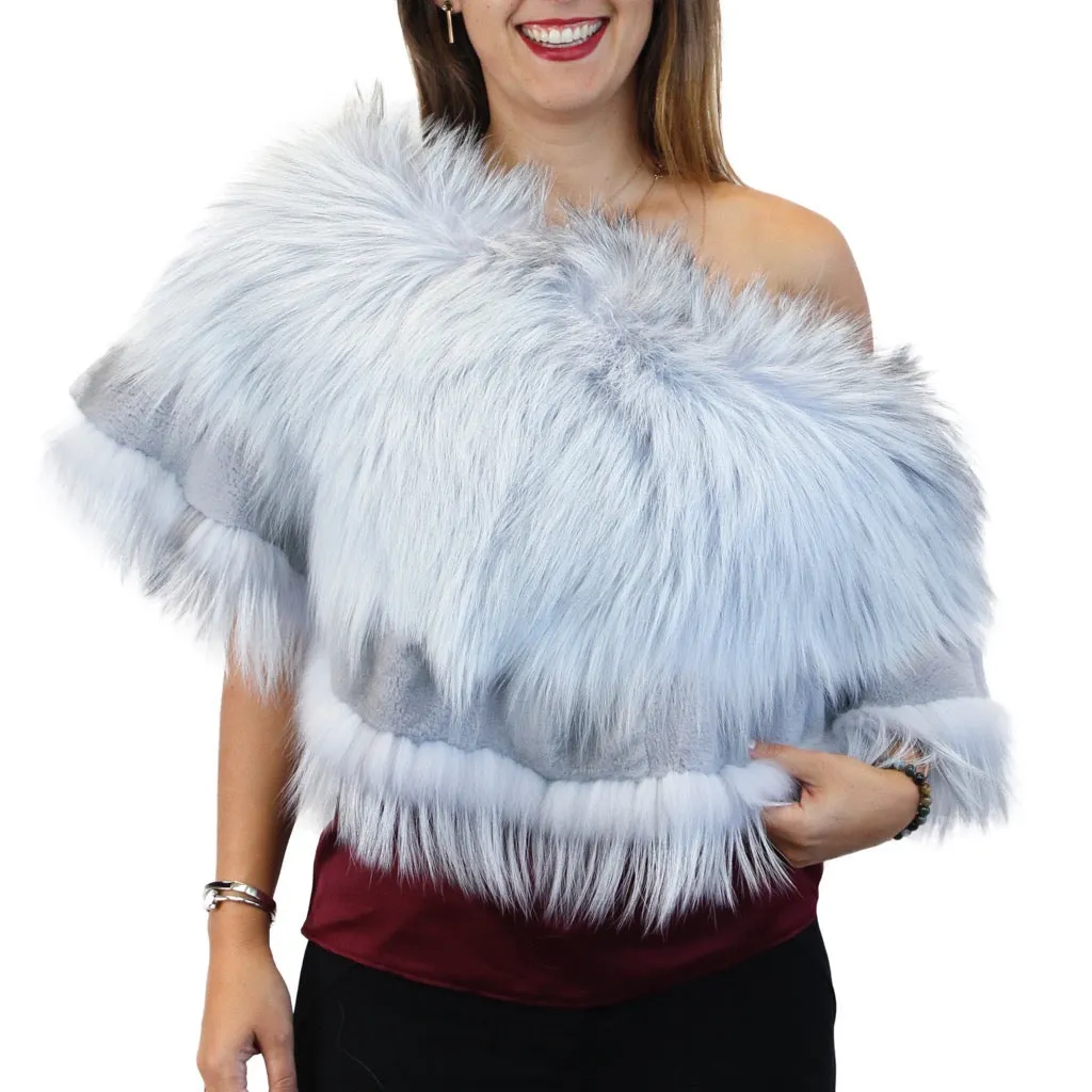 GRAY LAVENDER BLUE DYED SILVER FOX FUR & RABBIT FUR COLLAR/SHAWL/WRAP
