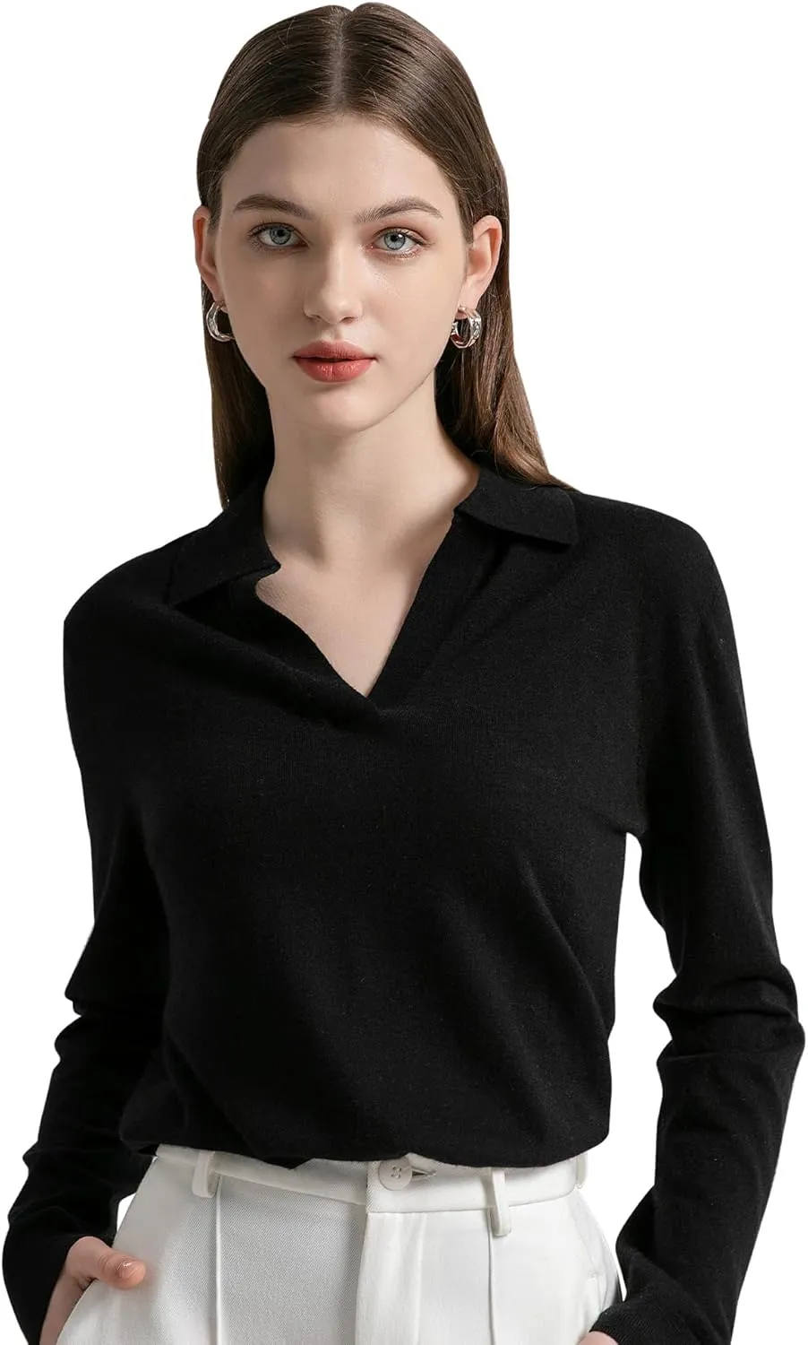 GreenMount Womens Super Lightweight Worsted Deep V-Polo Cashmere Sweater Pullover for Spring and Summer Keep 37.5 Warm