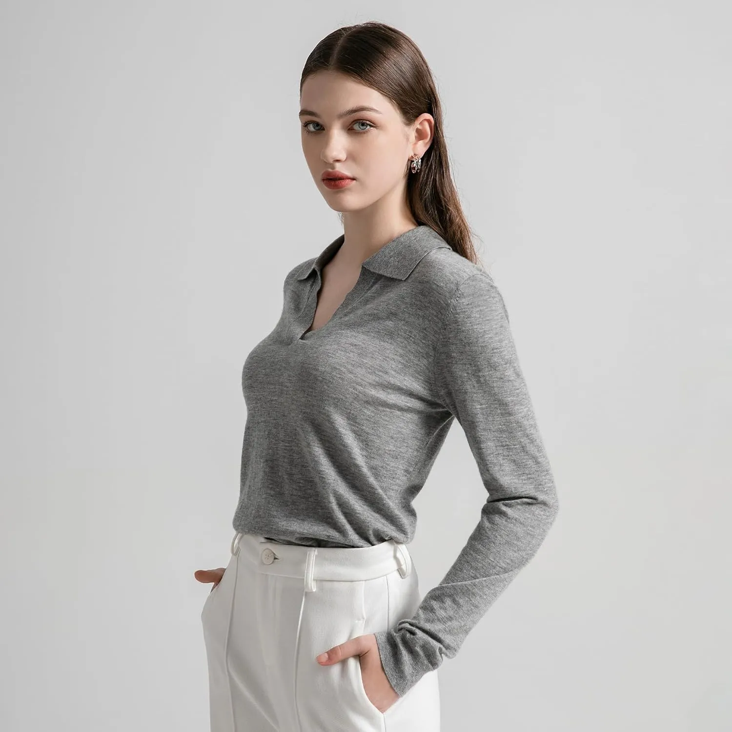 GreenMount Womens Super Lightweight Worsted Deep V-Polo Cashmere Sweater Pullover for Spring and Summer Keep 37.5 Warm
