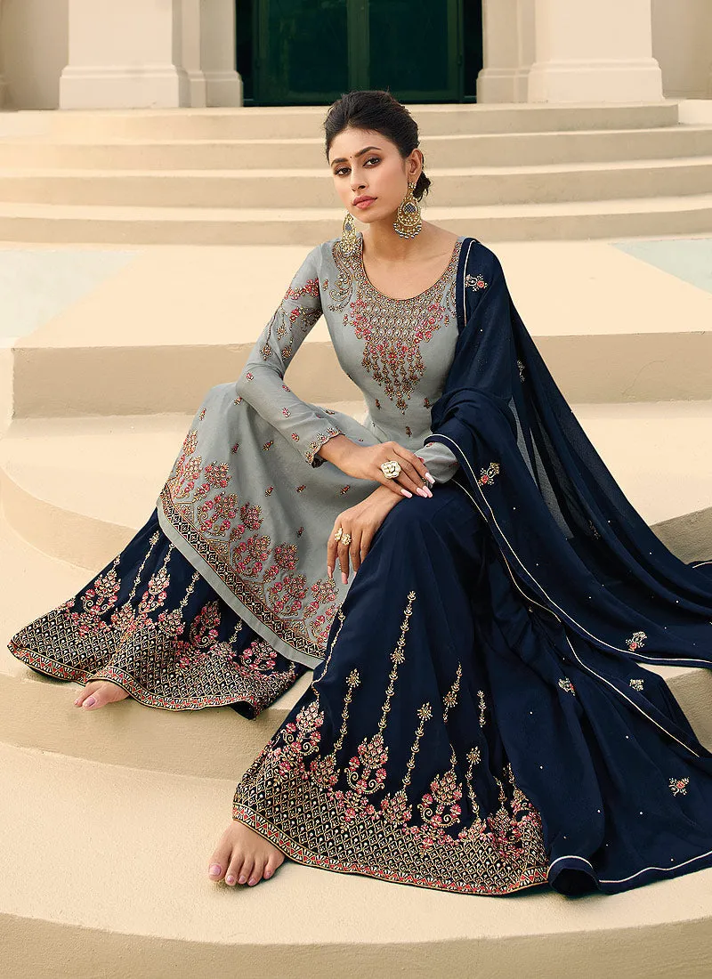 Grey And Navy Blue Designer Gharara Style Suit
