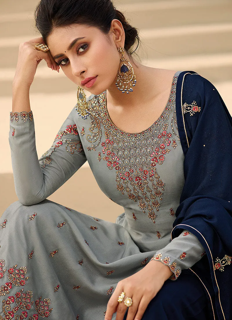 Grey And Navy Blue Designer Gharara Style Suit
