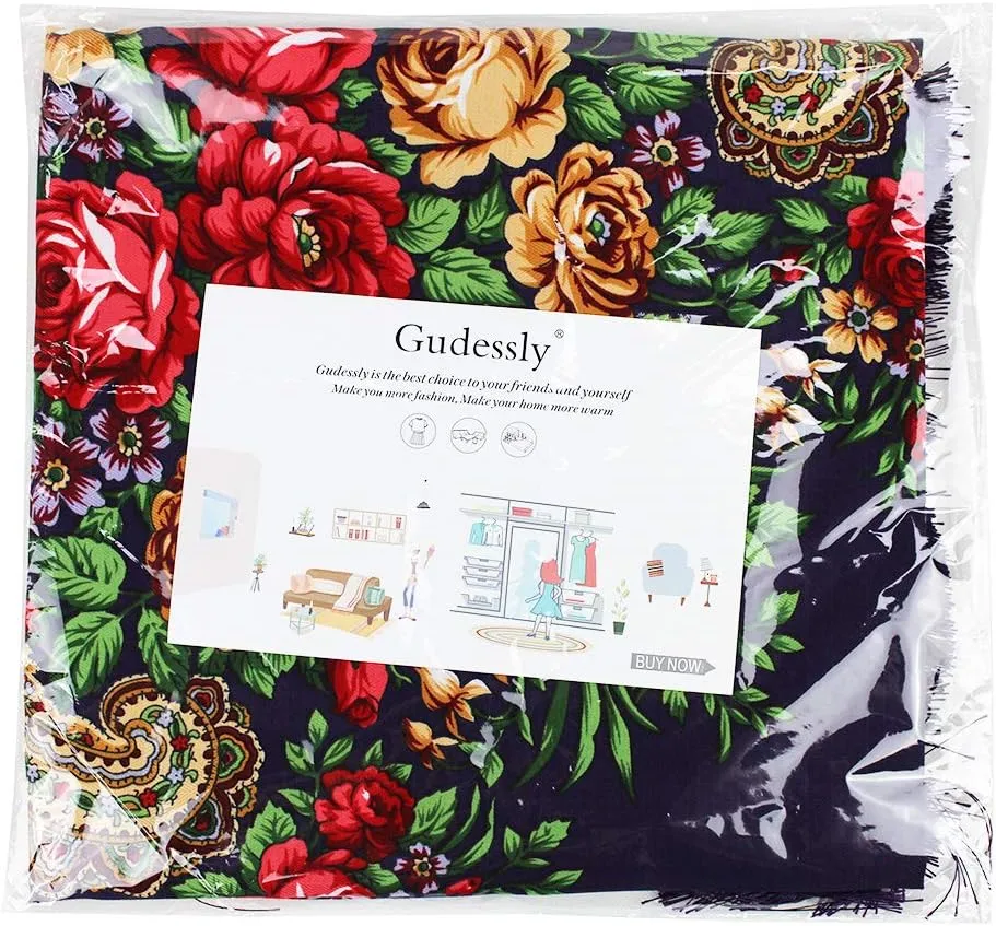 Gudessly Women's Traditional Scarf Wrap Tassel Shawl Fringes Neck Head Shawl Retro Scarf Floral Poncho