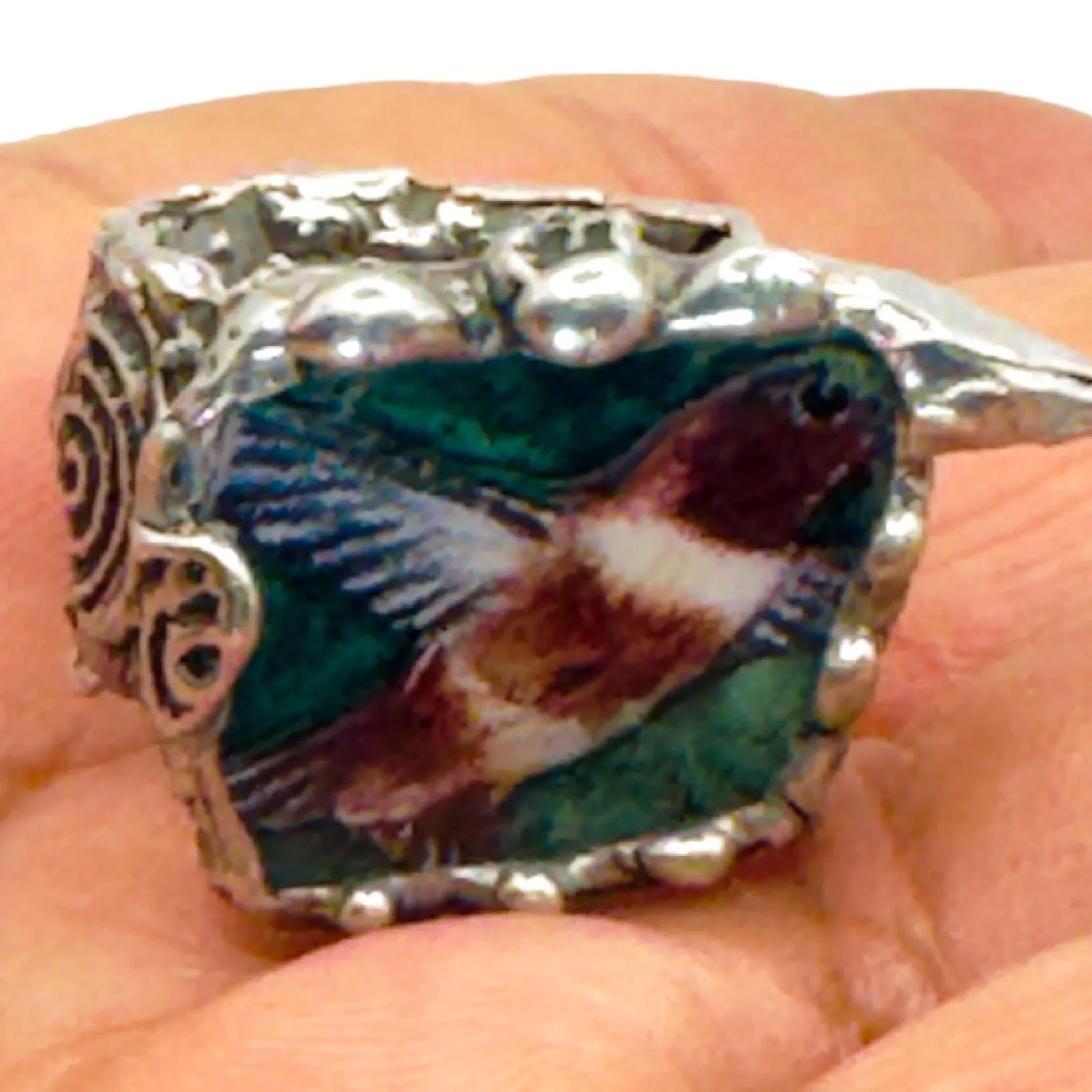 Hand Crafted Broken Lena Liu Hummingbird China Ring Silver Blend Boho-Metalwork