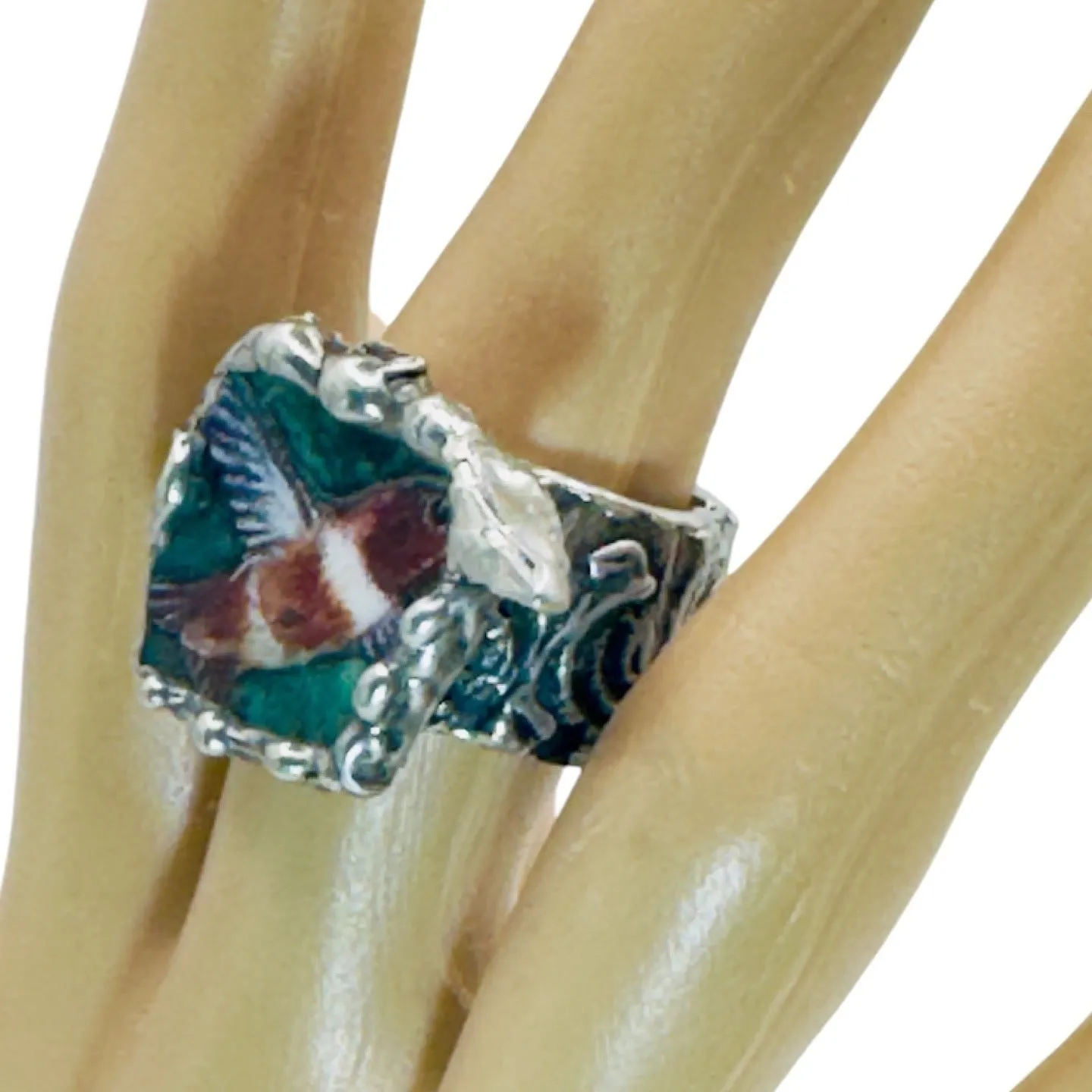 Hand Crafted Broken Lena Liu Hummingbird China Ring Silver Blend Boho-Metalwork