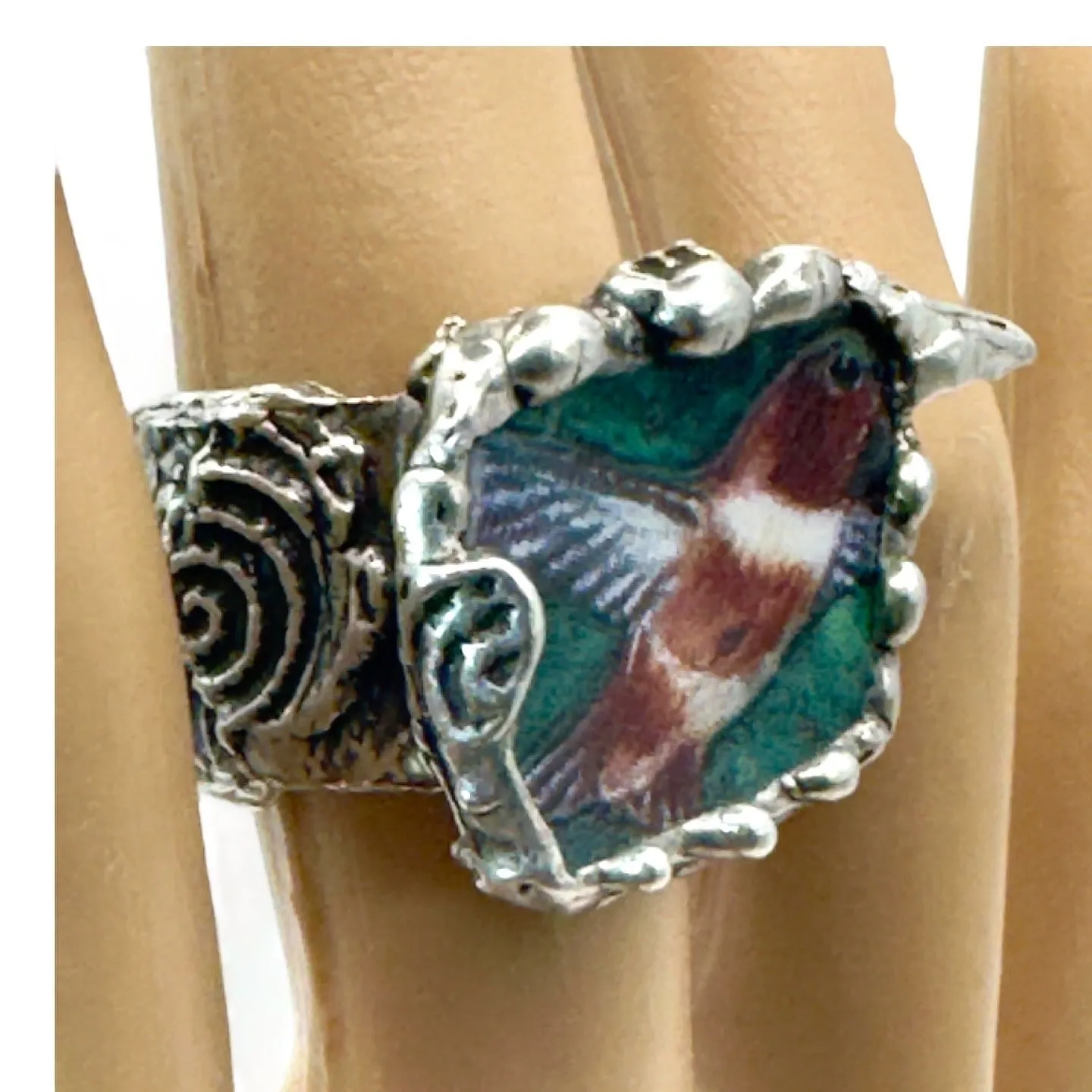 Hand Crafted Broken Lena Liu Hummingbird China Ring Silver Blend Boho-Metalwork