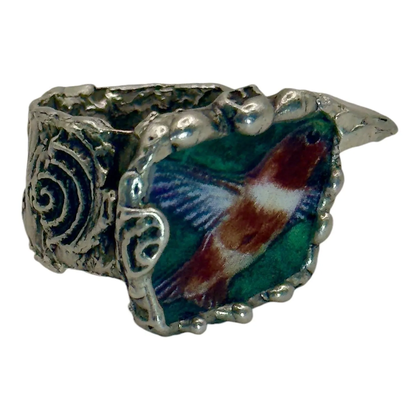 Hand Crafted Broken Lena Liu Hummingbird China Ring Silver Blend Boho-Metalwork