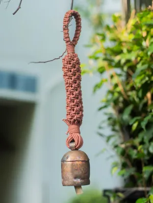 Handknotted Macramé Hanging Copper Bell 2" Dia - Dusky Pink (14")
