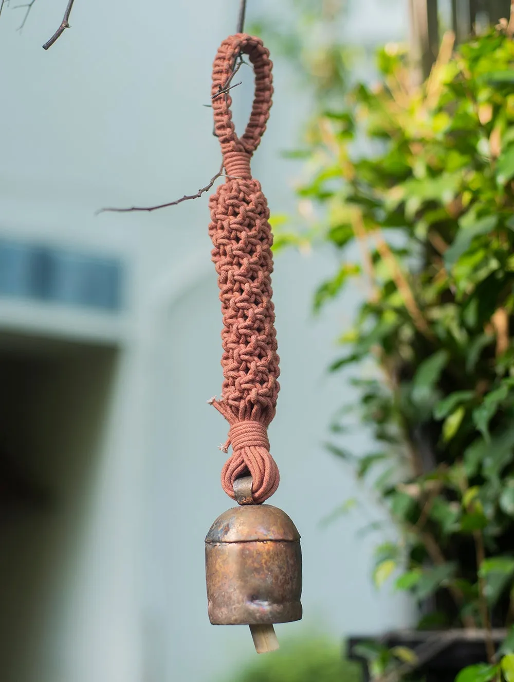 Handknotted Macramé Hanging Copper Bell 2" Dia - Dusky Pink (14")