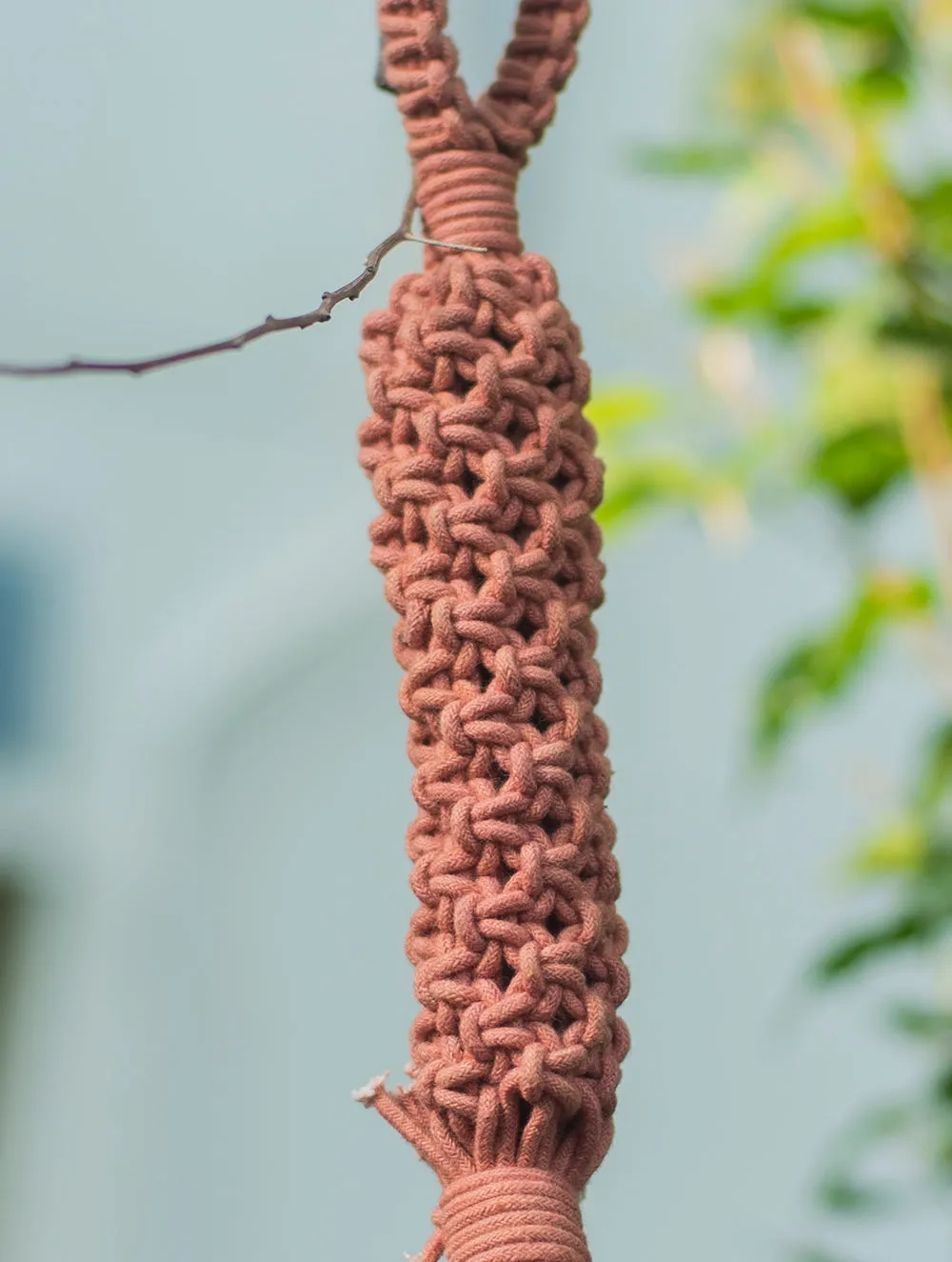 Handknotted Macramé Hanging Copper Bell 2" Dia - Dusky Pink (14")