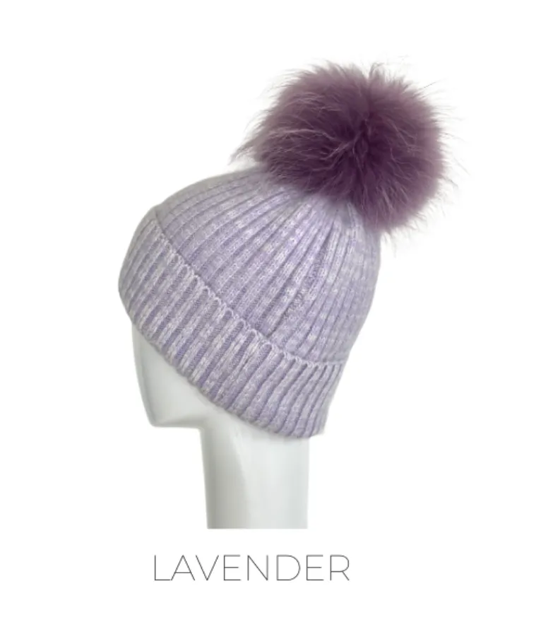 Hat, Angora Wool Blend Ribbed Knit Hat with Genuine Fur Pom, Multiple Colors - Linda Richards - Style HA62