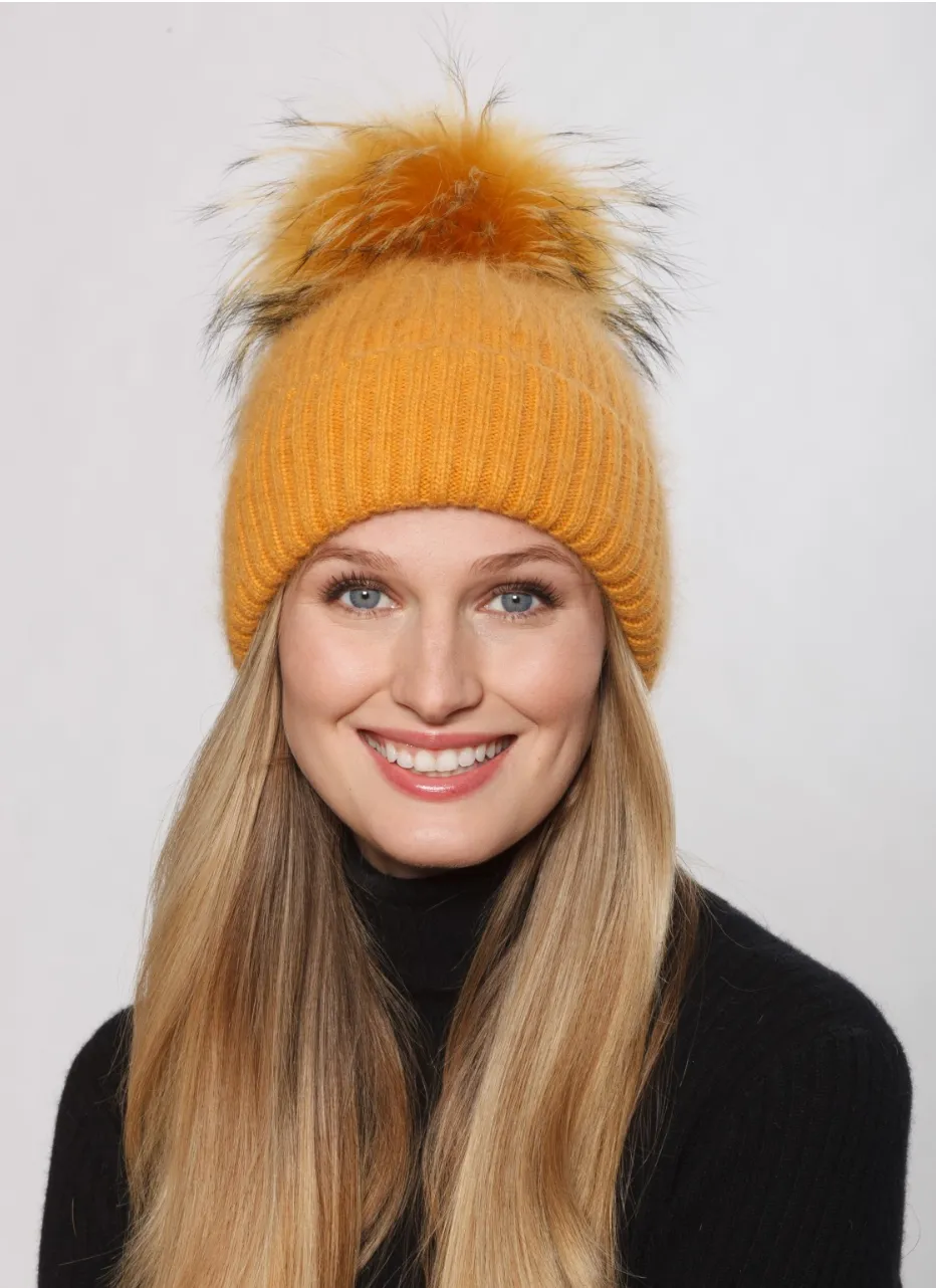 Hat, Angora Wool Blend Ribbed Knit Hat with Genuine Fur Pom, Multiple Colors - Linda Richards - Style HA62