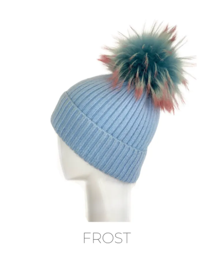 Hat, Angora Wool Blend Ribbed Knit Hat with Genuine Fur Pom, Multiple Colors - Linda Richards - Style HA62