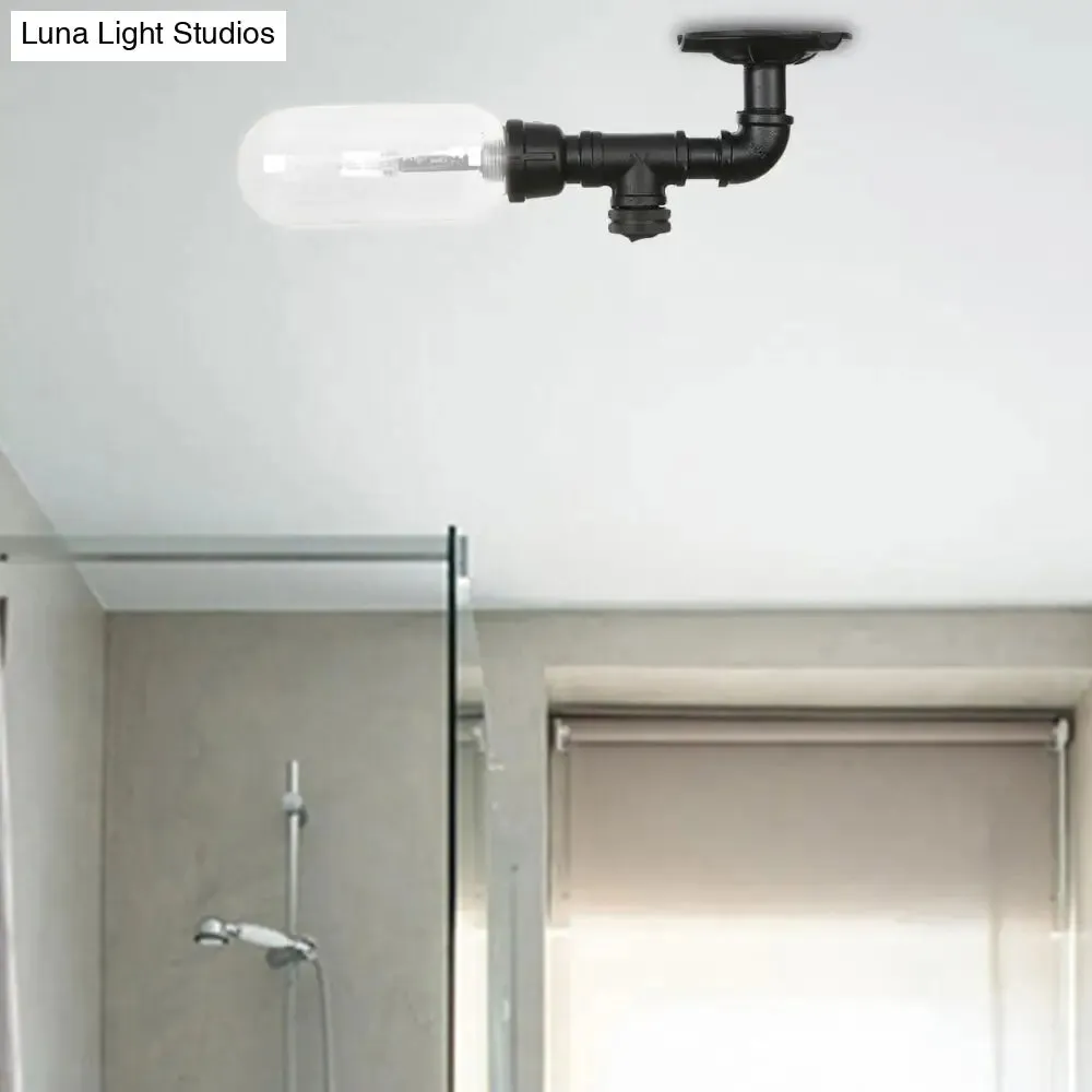 Industrial Black Ceiling Mounted Fixture - Oval Clear Glass Shade, Semi Flush Mount with Pipe Design