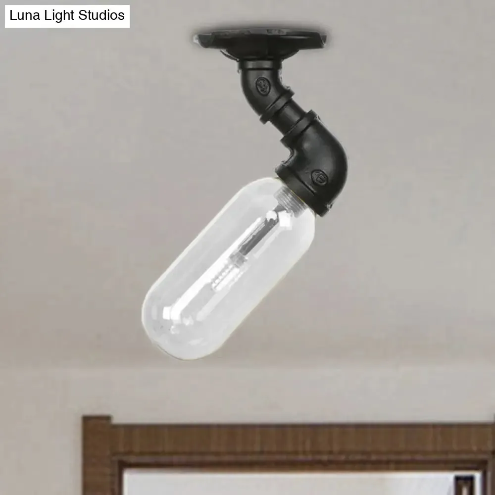 Industrial Black Ceiling Mounted Fixture - Oval Clear Glass Shade, Semi Flush Mount with Pipe Design
