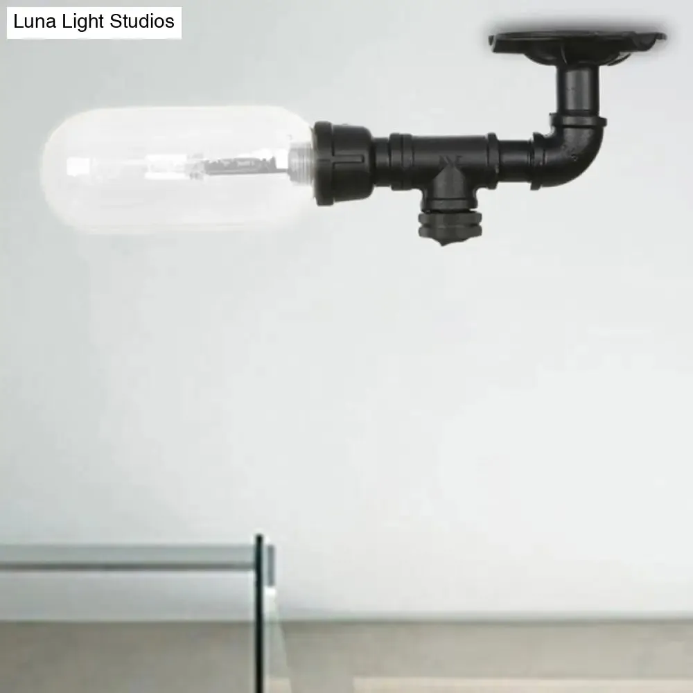 Industrial Black Ceiling Mounted Fixture - Oval Clear Glass Shade, Semi Flush Mount with Pipe Design