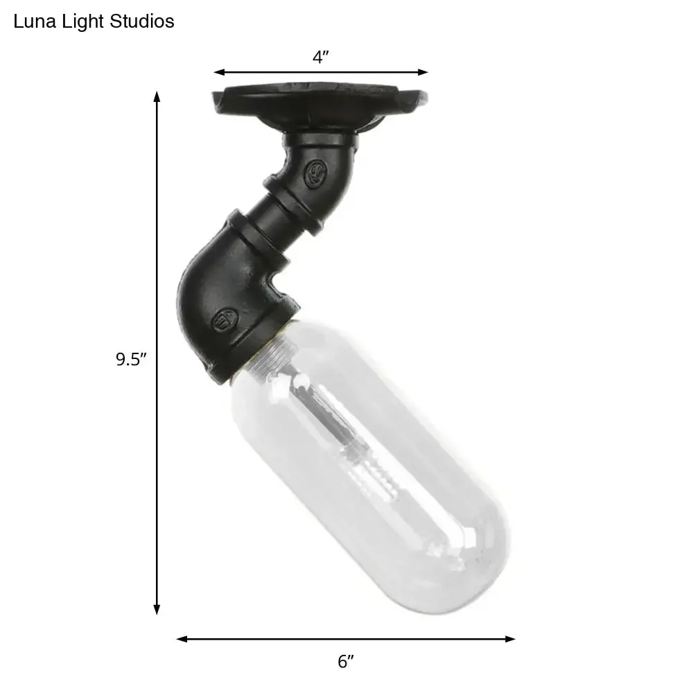 Industrial Black Ceiling Mounted Fixture - Oval Clear Glass Shade, Semi Flush Mount with Pipe Design