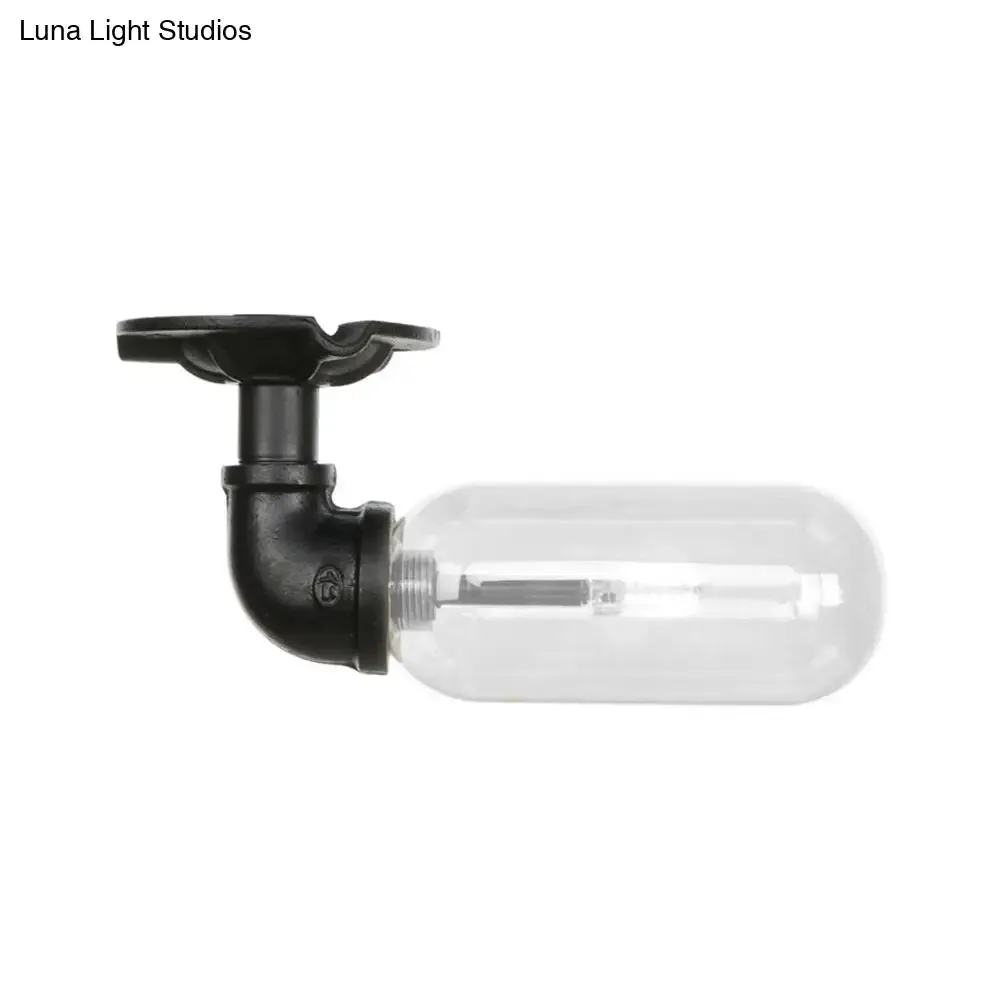 Industrial Black Ceiling Mounted Fixture - Oval Clear Glass Shade, Semi Flush Mount with Pipe Design