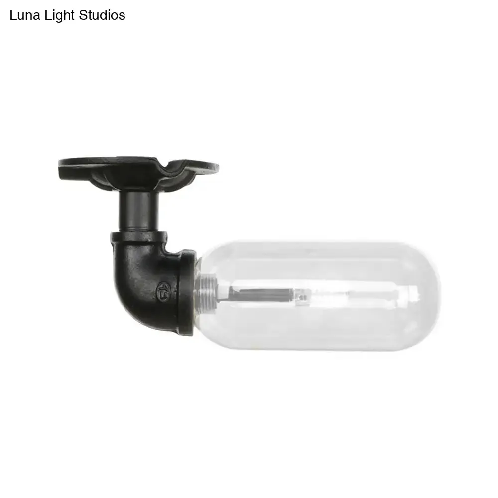 Industrial Black Ceiling Mounted Fixture - Oval Clear Glass Shade, Semi Flush Mount with Pipe Design