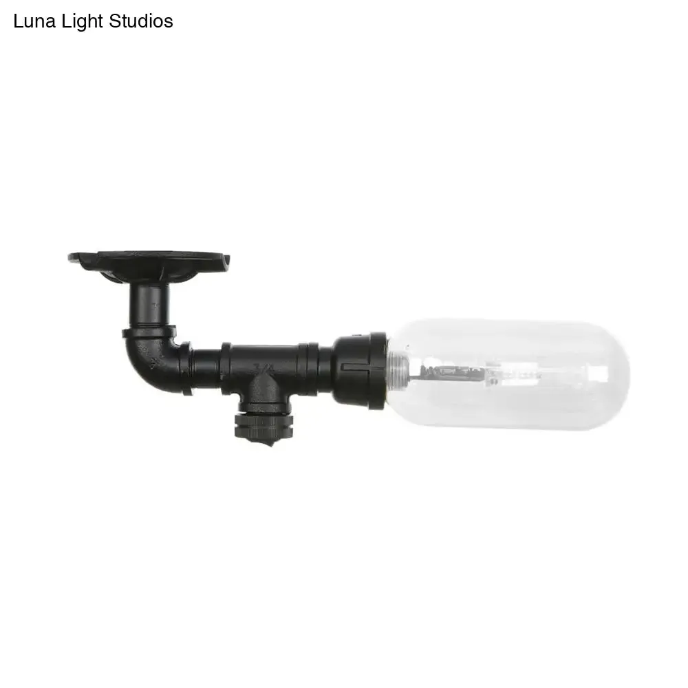 Industrial Black Ceiling Mounted Fixture - Oval Clear Glass Shade, Semi Flush Mount with Pipe Design