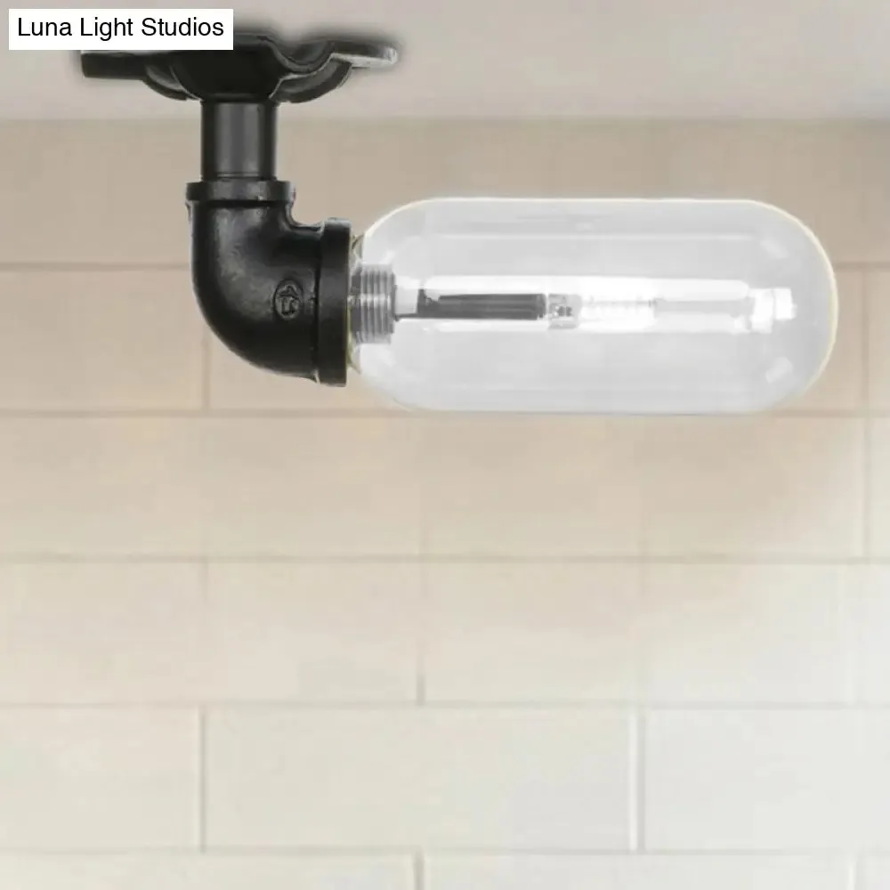 Industrial Black Ceiling Mounted Fixture - Oval Clear Glass Shade, Semi Flush Mount with Pipe Design