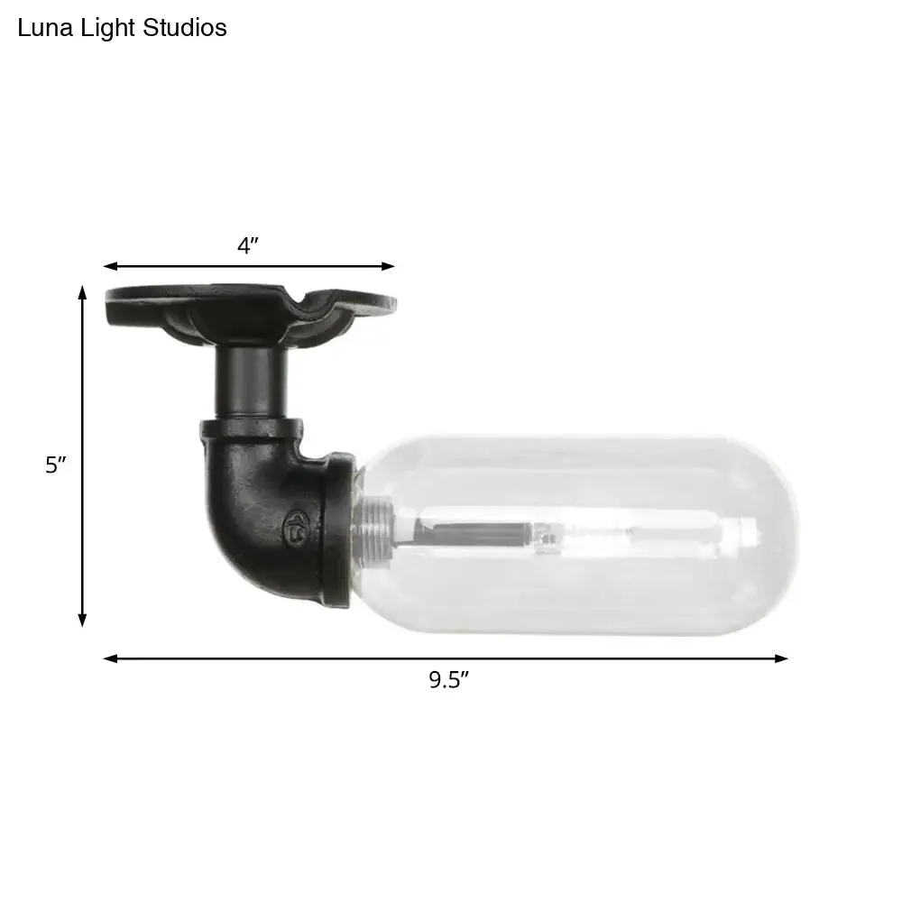 Industrial Black Ceiling Mounted Fixture - Oval Clear Glass Shade, Semi Flush Mount with Pipe Design