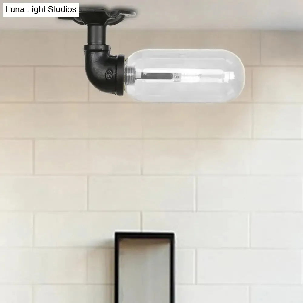 Industrial Black Ceiling Mounted Fixture - Oval Clear Glass Shade, Semi Flush Mount with Pipe Design