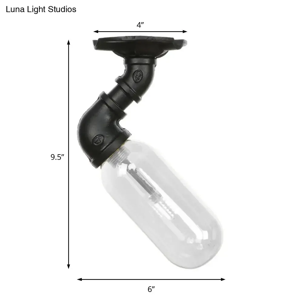 Industrial Black Ceiling Mounted Fixture - Oval Clear Glass Shade, Semi Flush Mount with Pipe Design