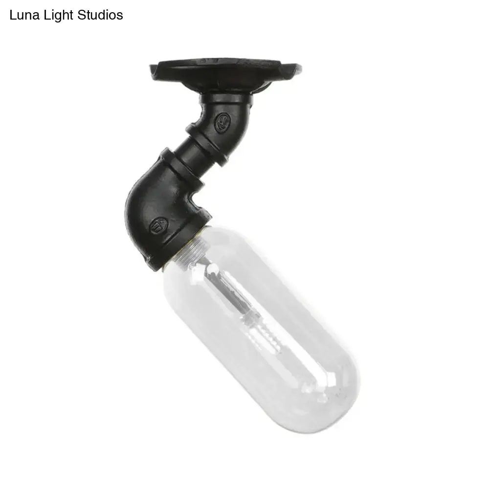Industrial Black Ceiling Mounted Fixture - Oval Clear Glass Shade, Semi Flush Mount with Pipe Design