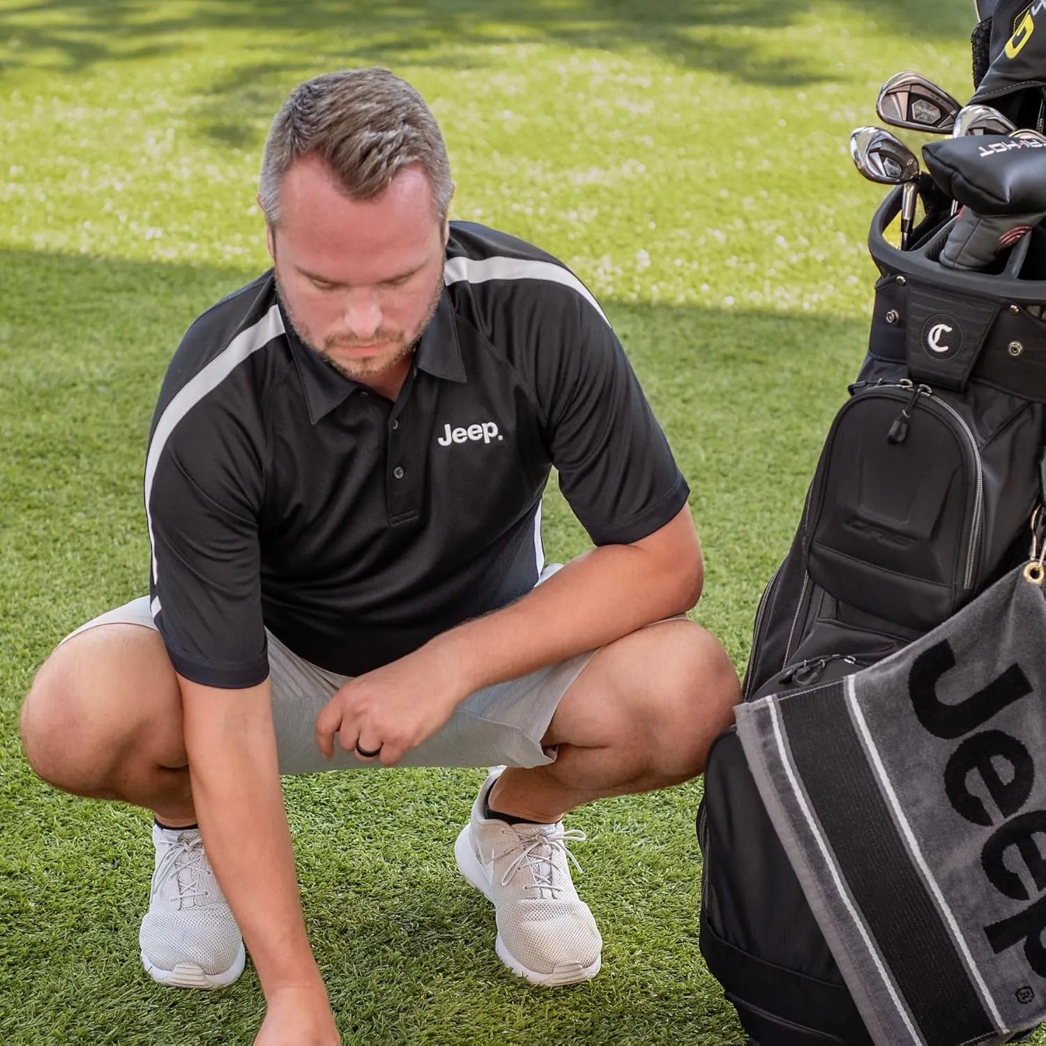 Jeep Men's Golf Polo, PosiCharge Micro-Mesh Colorblock (Black/White)