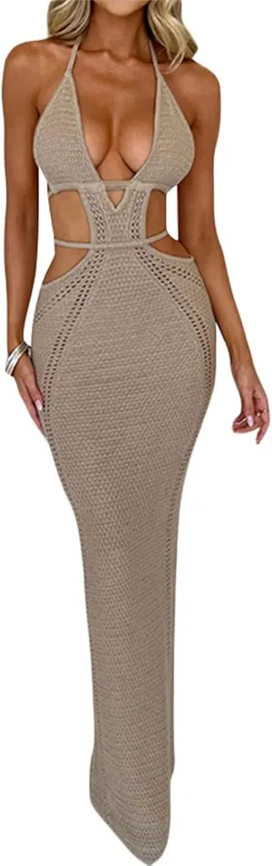 KMBANGI Women Bodycon Strappy Long Dress Sleeveless Knitted Sexy Tie Up Backless Maxi Dress Halter Open Back Beach Dress