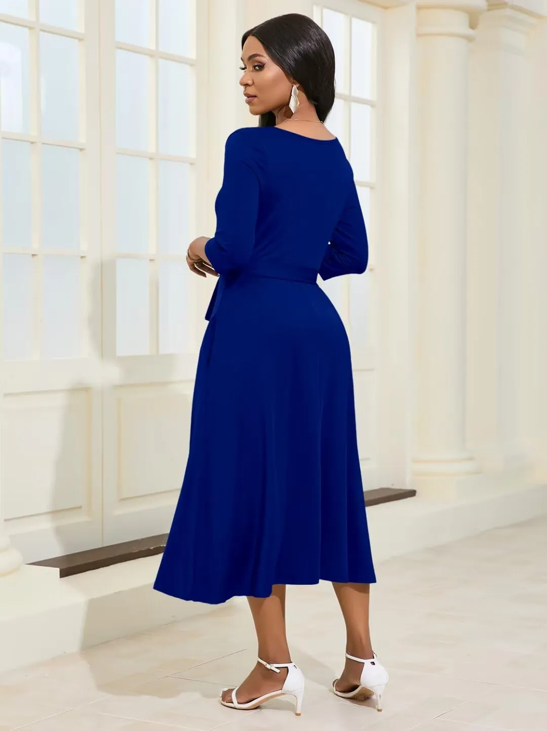 Magritta Midi Dresses for Women Casual 3/4 Sleeve Wrap Dress Plus Size Curvy Cocktail Dresses with Pockets