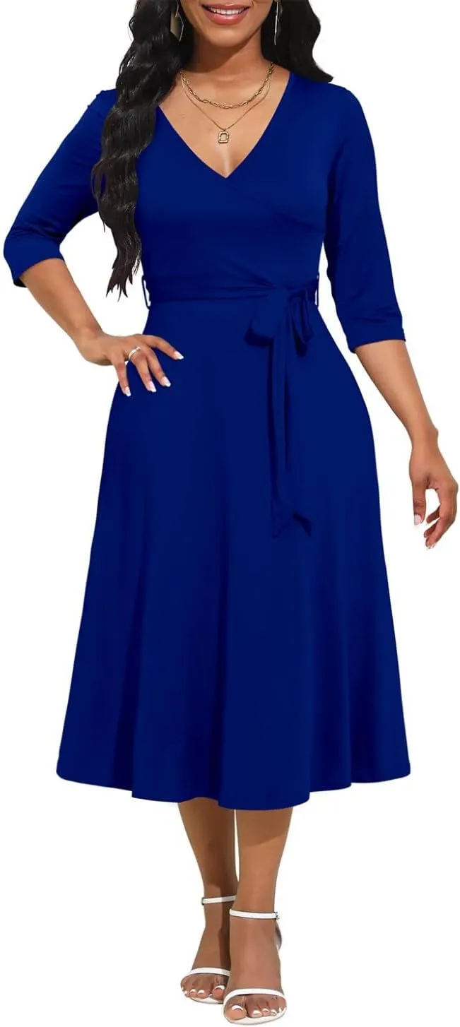 Magritta Midi Dresses for Women Casual 3/4 Sleeve Wrap Dress Plus Size Curvy Cocktail Dresses with Pockets