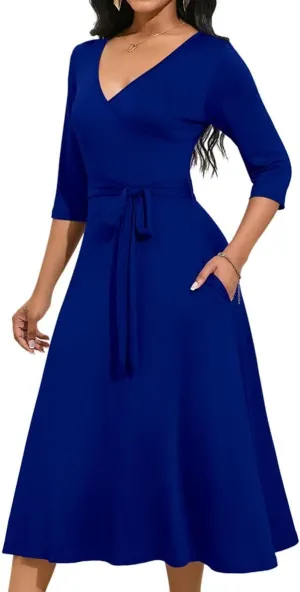 Magritta Midi Dresses for Women Casual 3/4 Sleeve Wrap Dress Plus Size Curvy Cocktail Dresses with Pockets