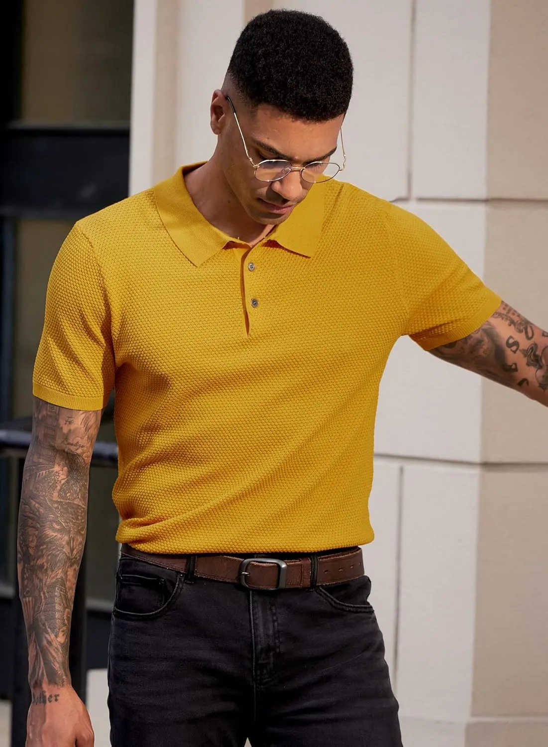 Mainfini Mens Knit Button Polo Shirts Vintage 70s Golf Shirt Casual Beach Vacation Outfit