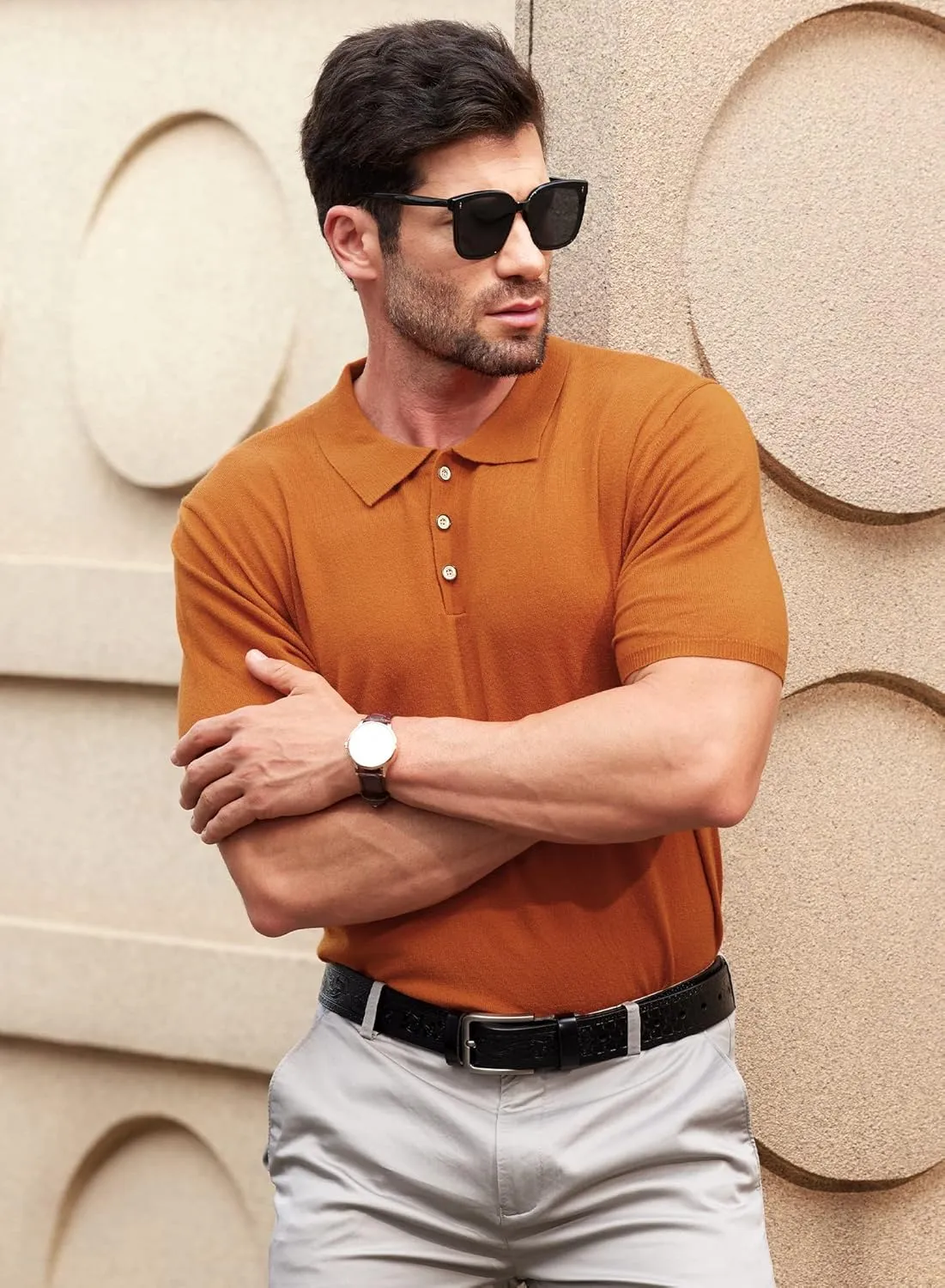 Mainfini Mens Knit Button Polo Shirts Vintage 70s Golf Shirt Casual Beach Vacation Outfit