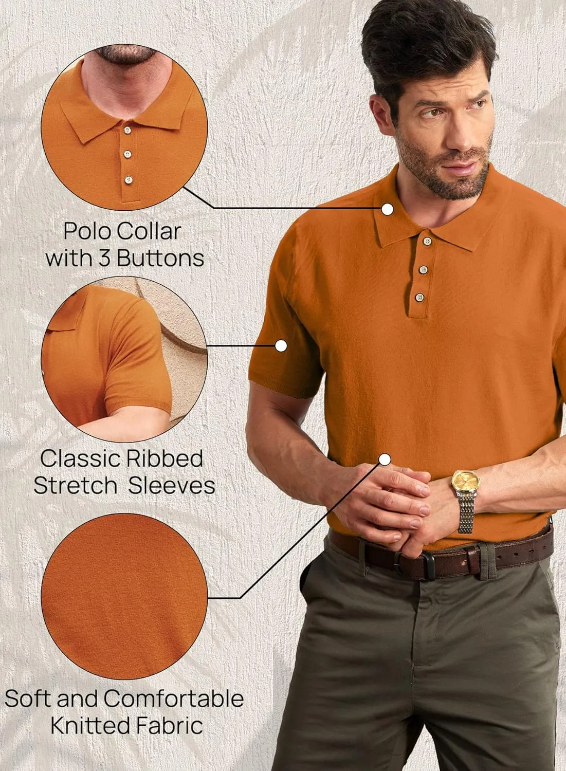 Mainfini Mens Knit Button Polo Shirts Vintage 70s Golf Shirt Casual Beach Vacation Outfit