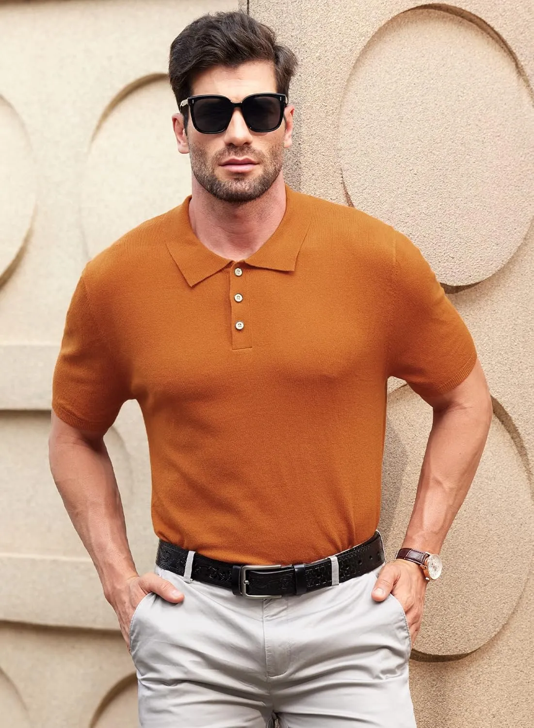 Mainfini Mens Knit Button Polo Shirts Vintage 70s Golf Shirt Casual Beach Vacation Outfit
