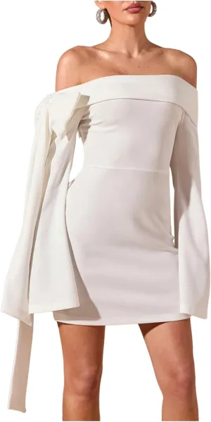 MakeMeChic Women's Off The Shoulder Bell Sleeve Mini Dress Bowknot Cocktail Party Bodycon Dresses