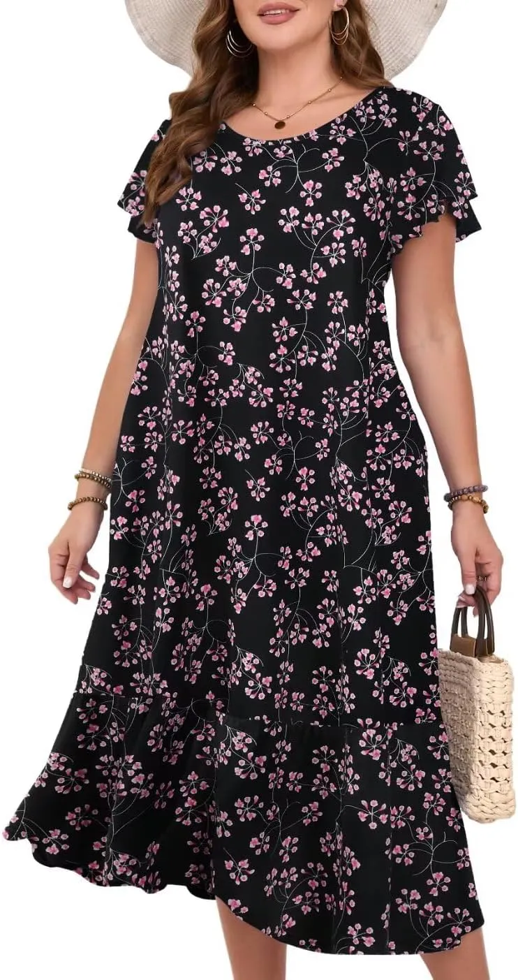 MONNURO Women Summer Causal Ruffle Short Sleeve T Shirt Maxi Beach Long Dress with Pockets
