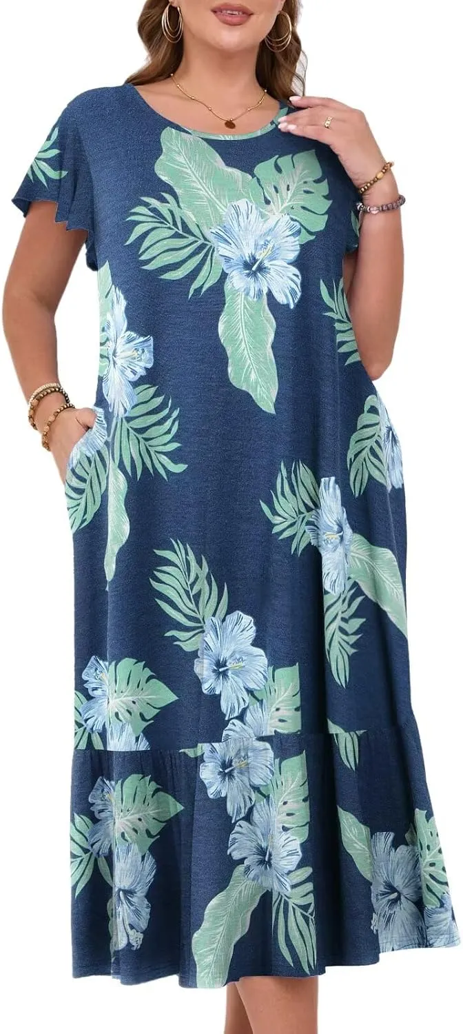 MONNURO Women Summer Causal Ruffle Short Sleeve T Shirt Maxi Beach Long Dress with Pockets