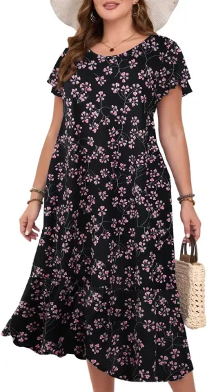 MONNURO Women Summer Causal Ruffle Short Sleeve T Shirt Maxi Beach Long Dress with Pockets