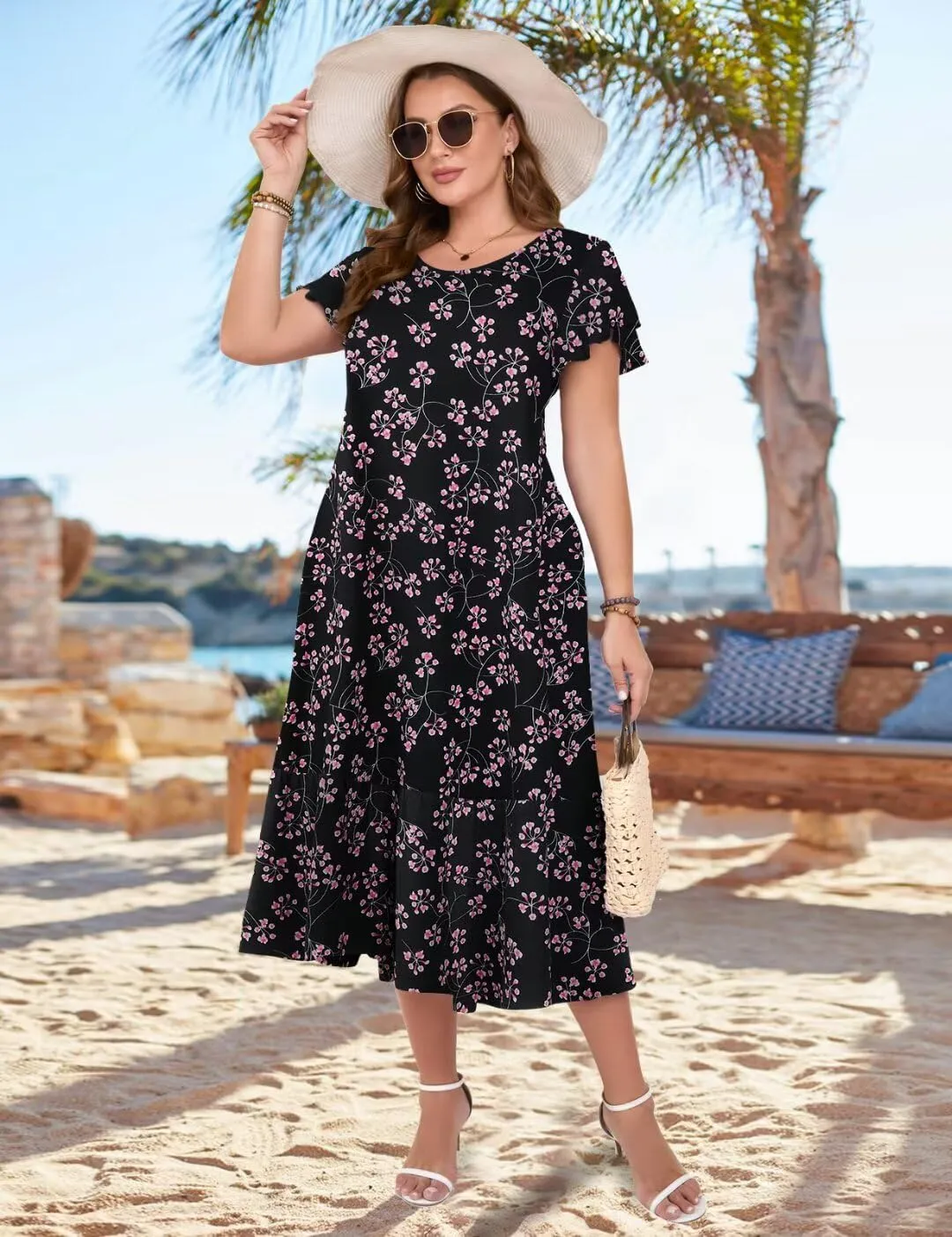 MONNURO Women Summer Causal Ruffle Short Sleeve T Shirt Maxi Beach Long Dress with Pockets