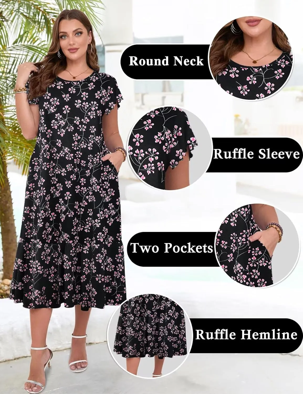 MONNURO Women Summer Causal Ruffle Short Sleeve T Shirt Maxi Beach Long Dress with Pockets