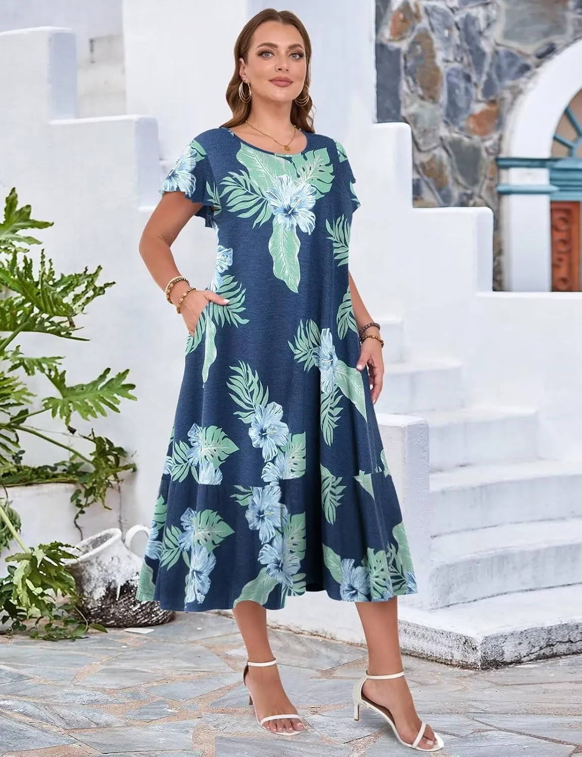 MONNURO Women Summer Causal Ruffle Short Sleeve T Shirt Maxi Beach Long Dress with Pockets